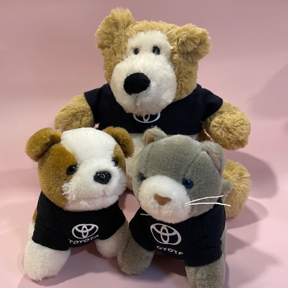 Toyota Cars Cat, Dog and Bear Stuffed Animals with Toyota Logo on Black Shirts